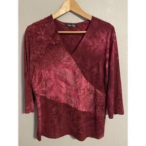 Only Nine Womens Top Size 1X Maroon Burnout Floral Embroidered Sequin Whimsigoth